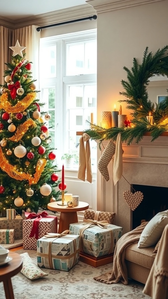 A festive living room with eco-friendly Christmas decorations, including upcycled ornaments and natural garlands.